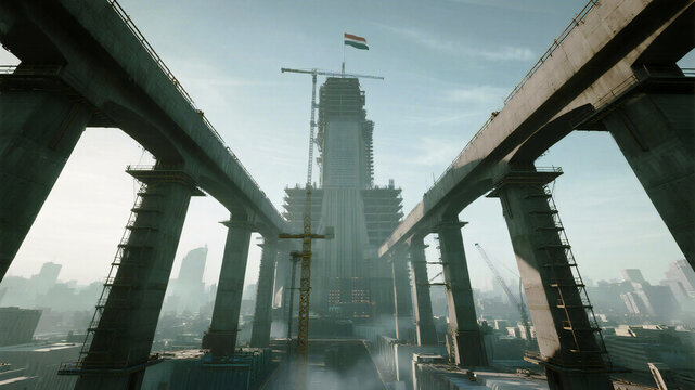 Dynamic view of skyscraper construction with Indian flag, symbolizing progress and growth in booming urban cityscapes, perfect for development and investment projects