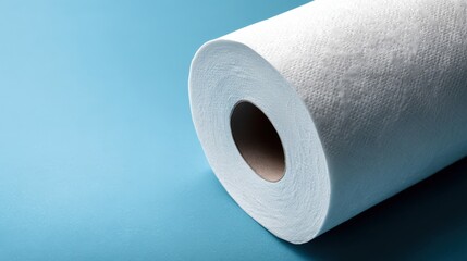 A roll of toilet paper placed on a blue background with ample space for text, perfect for themes related to health, cleanliness, or bathroom essentials.