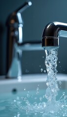 Close-up of water pouring from chrome faucet into sink, creating splashes. Image visually represents water consumption, conservation themes. Powerful stream suggests both utility, potential waste.