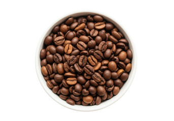 Fototapeta premium Overhead view of roasted coffee beans filling a white bowl against a background brown dark