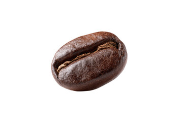 Close-up of a single coffee bean.  Dark, rich, oval-shaped bean with visible texture and a distinct seam.  Focus is on the surface details