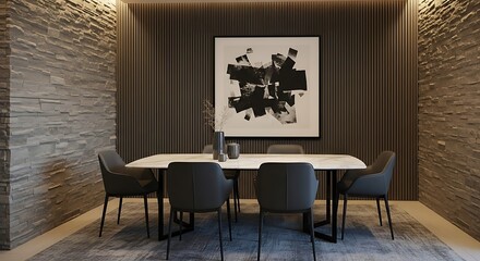 Modern Dining Room with Abstract Art and Textured Walls.