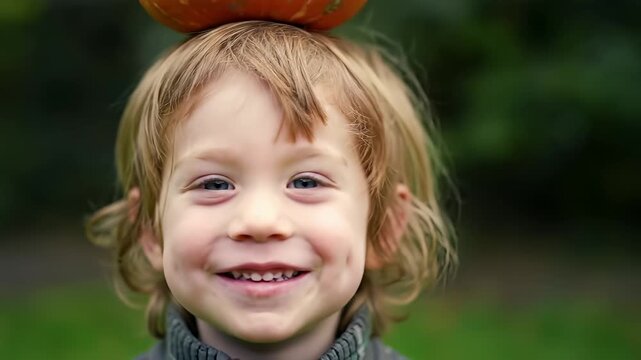 A smiling child with blonde hair balances a small pumpkin on their head in a blurred outdoor setting
