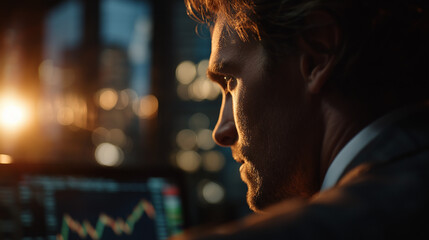 Stockbroker's Vigil: A determined stockbroker immersed in his work, staring intently at financial data on computer screens, in the ambiance of a dimly lit office environment.