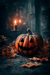 A carved pumpkin with a mischievous face sits among scattered dry leaves, illuminated by warm candlelight in a dark and moody environment, evoking Halloween vibes and autumn spirit