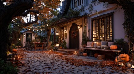 Obraz premium Cozy autumn front yard decorated with pumpkins, lanterns, and fallen leaves at twilight