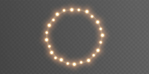 Christmas gold light circle frame. Fairy bulb banner. New Year luxury string garland. Winter party background. Led neon baubles. Festive border. Glow lamp bg. Glitter bright lamp. Vector illustration