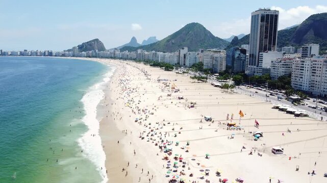 Aerial perspective of the Copacabana beach, one of the most  popular beaches in Rio de Janeiro, Brazil.