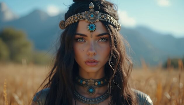 Portrait of woman deity in nature. Beautiful lady with headpiece, necklace, long wavy hair. Third eye, face with intense expression, looking straight. Ancient, mythical female. Spiritual divine