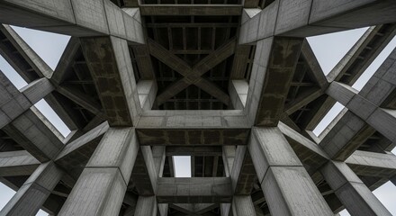 Abstract geometric concrete structure with repeating patterns and strong lines against the sky.