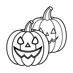 Two happy carved pumpkins for halloween celebration in black and white outline