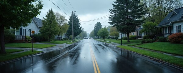 Naklejka premium Wet street after rain, grey sky with moody clouds. Neighborhood view, residential houses, trees on the sides of road, wet pavement reflects cloudy sky. Urban landscape, natural environment, calm.