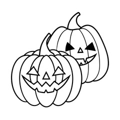 Two happy halloween jack o lantern pumpkins with carved faces in a line drawing