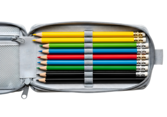A gray pencil case filled with colored pencils, sharpener and eraser neatly organized for drawing and writing