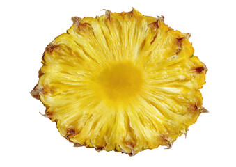 Close-up cross-section of a ripe pineapple.  A round slice shows the bright yellow flesh, radiating outward from a central core.  The tough, brown exterior rind is visible around the edge