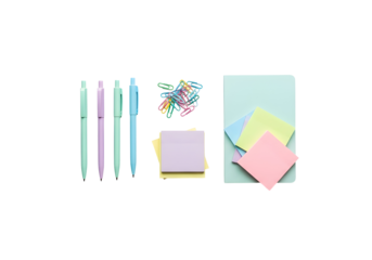 Colorful stationery supplies including pens, paper clips, and sticky notes laid out on a white background