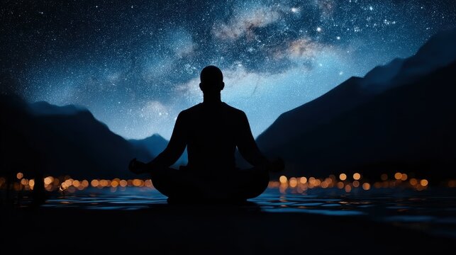 Person in meditation against cosmic backdrop, ideal for wellness retreat or astronomical content