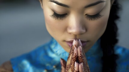 Woman in prayer with serene expression, ideal for religious content or meditation app promotion