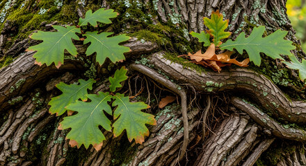 Fototapeta premium Fresh green oak leaves sprout from the deeply textured bark of an old tree trunk