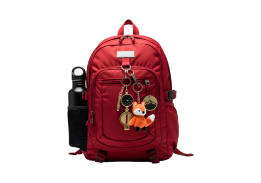 A vibrant red backpack adorned with charming charms, perfect for any adventure or daily commute