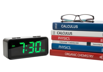 A stack of academic books and an alarm clock on a white background, symbolizing education and study