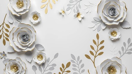 Elegant white and gold paper flowers and leaves create a decorative background.
