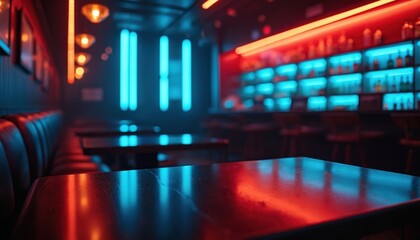 Fototapeta premium Bar with warm atmosphere, colorful lights cast soft glow. Dark wood counter, black top, white top, chairs, bar stool. Friends enjoy drinks, interior view through window.