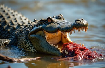 Obraz premium Close-up portrait of a large crocodile eating in Mara River. Reptile opens its powerful jaws revealing sharp teeth, ready to devour prey. Wildlife scene, natural habitat focus, safari adventure.