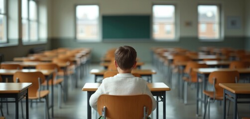 Young boy sits alone at empty desk in serene classroom. Gray painted rows of desks, beige walls, white curtains, soft light create peaceful atmosphere. Isolated student reflects sadness, loneliness.