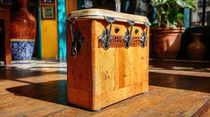 Wooden drum box, ornate details