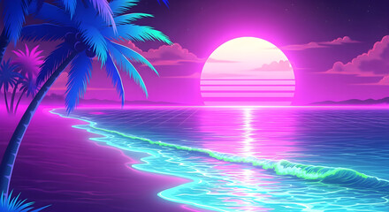 Naklejka premium Neon Sunset Beach Landscape with Palm Trees.