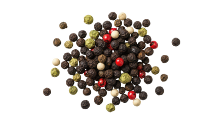 Pile of mixed peppercorns green white red on background spice seasoning
