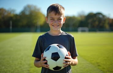 Young boy holds soccer ball on soccer field. Boy dressed in gray t-shirt and black shorts. Vibrant green grass, clear blue sky. Rich green field surrounds him.