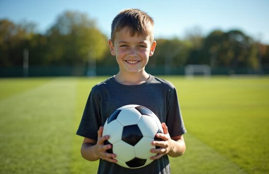Young boy holds soccer ball on soccer field. Boy dressed in gray t-shirt and black shorts. Vibrant green grass, clear blue sky. Rich green field surrounds him.