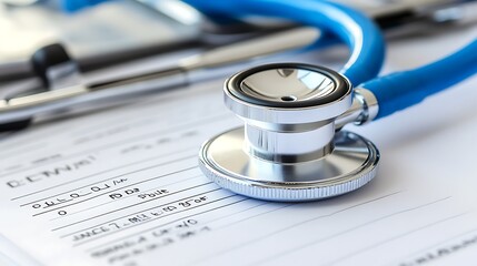 Blue Stethoscope and Pen on Patient Medical Chart Examination CloseUp Healthcare Concept