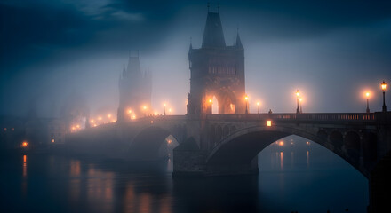 Obraz premium Ancient Stone Bridge at Night with Fog and Lights.