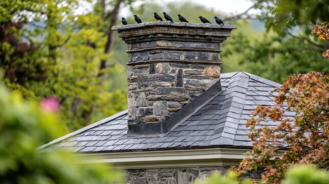 Crows perched on a stone chimney atop a house roof