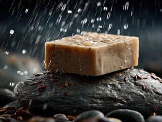 Natural soap bar on stones, rain drops