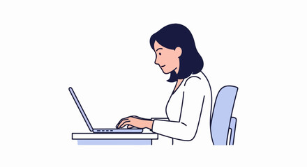 Woman focused on laptop, working at desk in office.