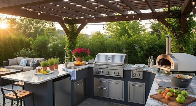 Luxurious Outdoor Kitchen and Patio Area with Pizza Oven.