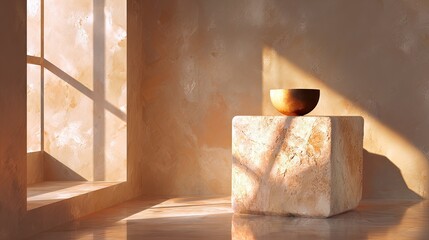 Beige room, sunlight, minimalist cube, bowl