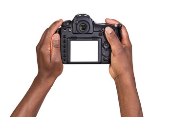 Man holding a digital camera with a blank screen and taking a photograph or recording a video, isolated on white or transparent background 