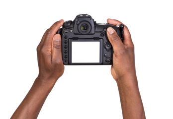 Man holding a digital camera with a blank screen and taking a photograph or recording a video, isolated on white or transparent background