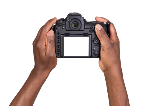 Man holding a digital camera with a blank screen and taking a photograph or recording a video, isolated on white or transparent background