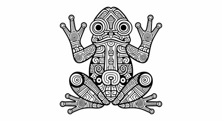 Detailed black and white frog illustration with intricate design.