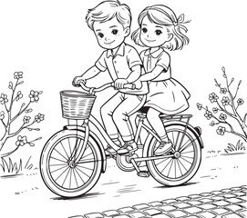 A Whimsical Bike Ride: A cheerful couple joyfully cycles along a floral path, embarking on a lighthearted escapade, evoking feelings of happiness and togetherness.
