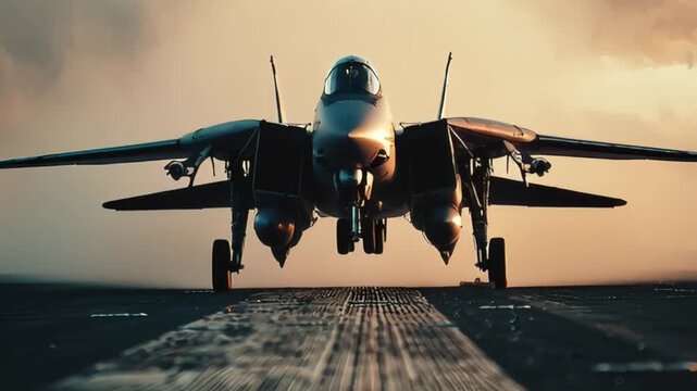 F-14 Tomcat Jet Fighter on Aircraft Carrier Deck at Sunset