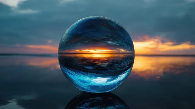 Reflective sphere with nature scene, ideal for art exhibition or science education content