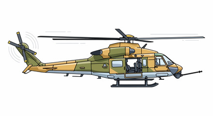 Military helicopter illustration in camouflage, side view, isolated. © Basecamp