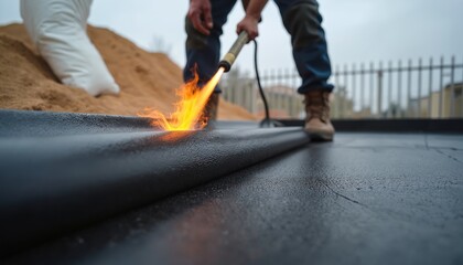 Worker uses torch to cut through black plastic pipe. Man in blue jeans, white shirt cuts through pipe attached to gray wall. Gray sky provides contrast to worker actions.